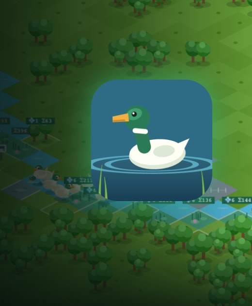 Waddlewater title screen: a mallard on open water above Duckweed Delta, an isometric valley of trees and streams